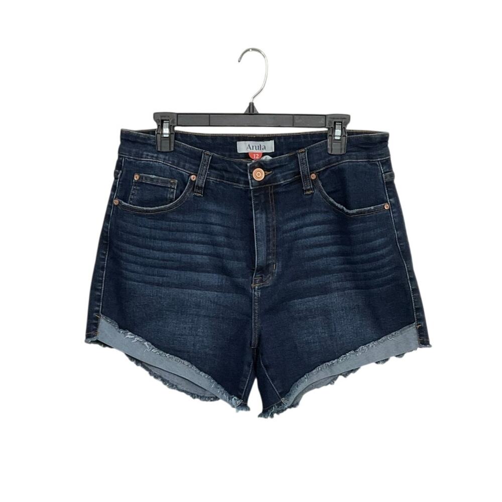 Arula Denim Jean Shorts High Rise Womens 12 Large Dark Wash Folded Hem Stretch